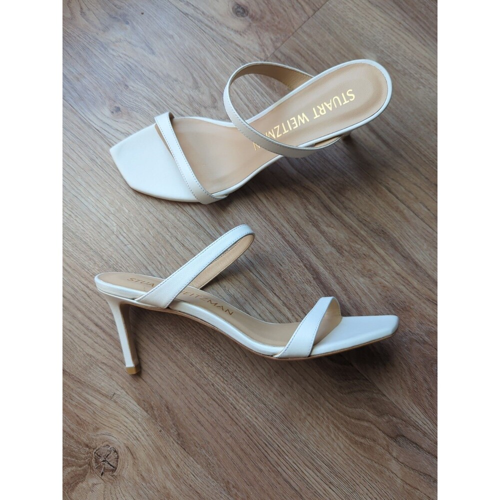 Stuart Weitzman aleena 75 White Leather Double Strap Slip On Heels Womens 9